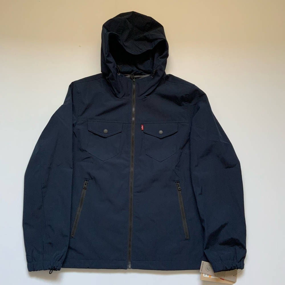 Levi's Blue Raincoat with Stand-Up Collar and Weather-Resistant Design
